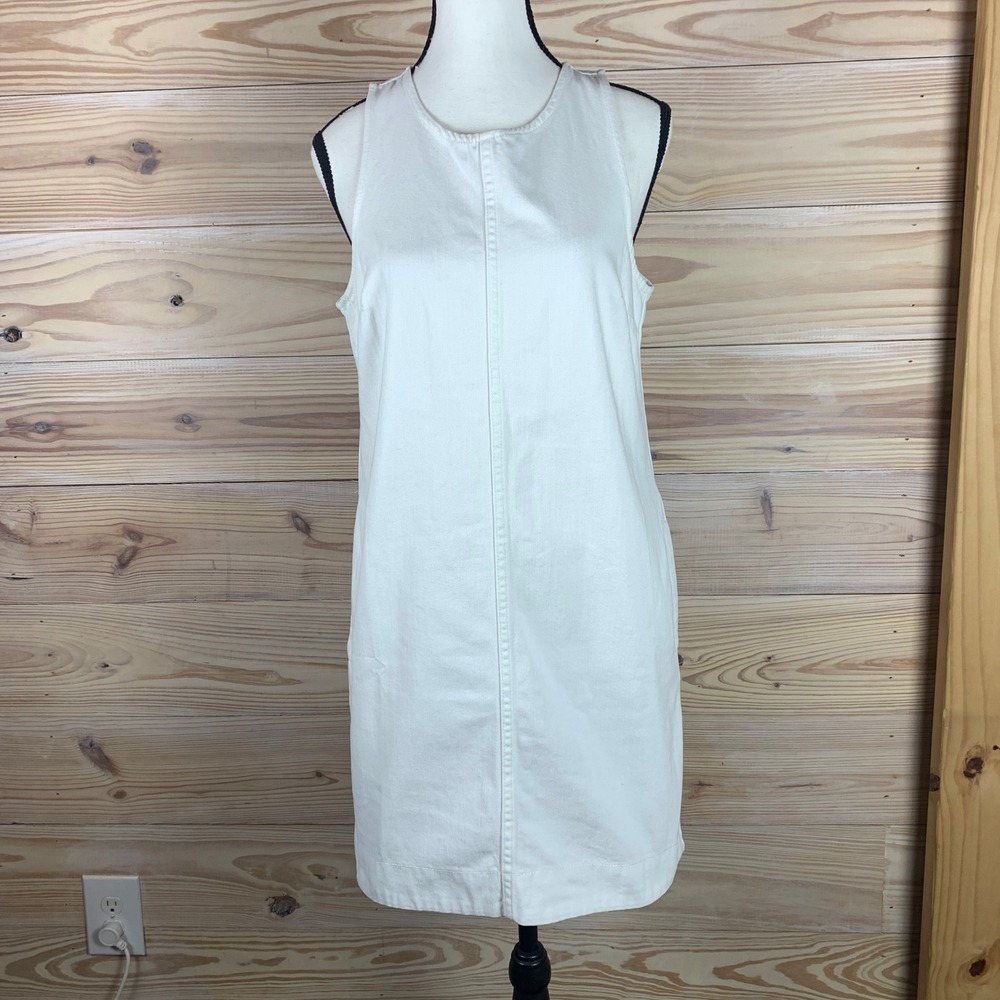 J.Crew Denim Shift Dress Womens 6 White Sleeveless Mini Pockets Cotton